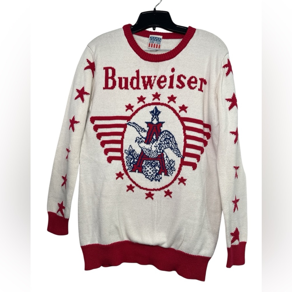 Junk Food 2016 Budweiser Graphic Sweater w/ stars sleeves white + Red - Medium